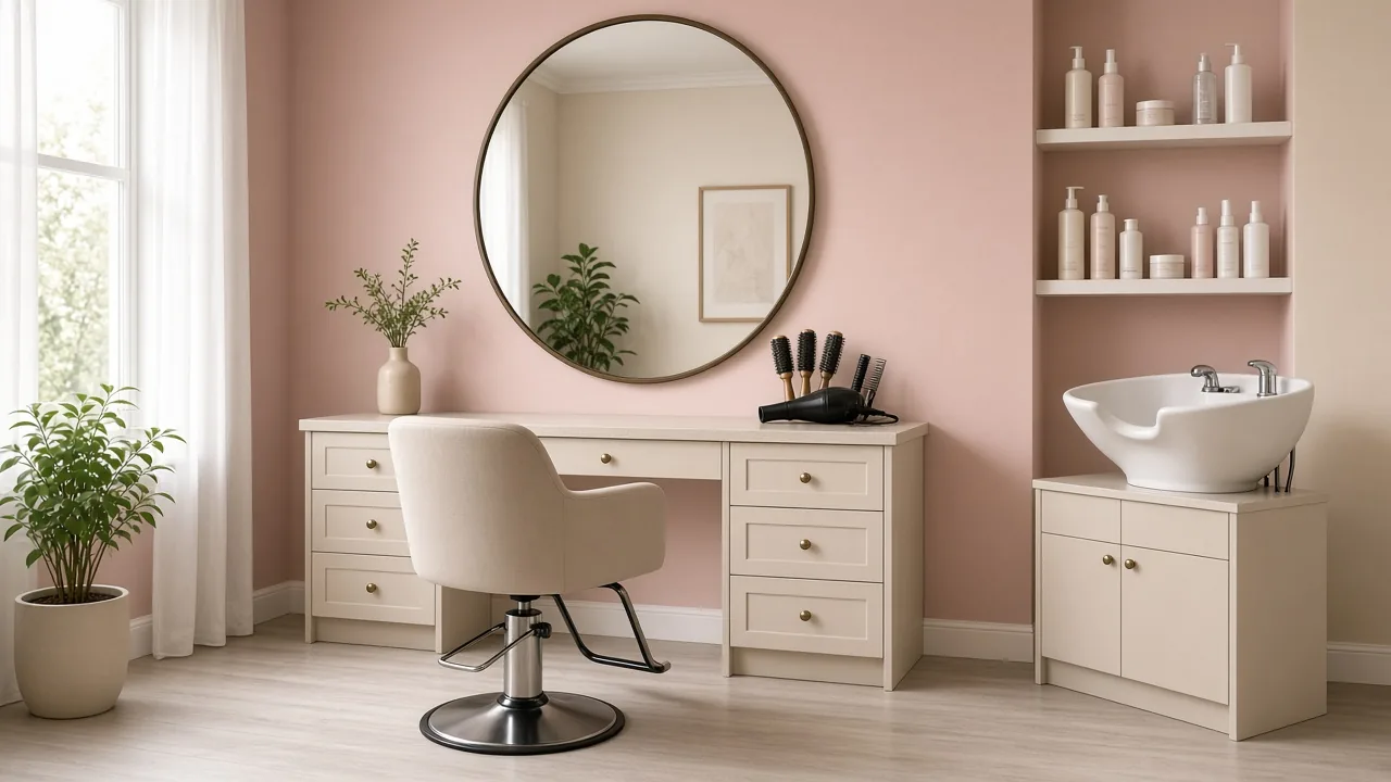 A bright, empty salon station with a cream styling chair, a round mirror and a shampoo bowl against blush pink walls